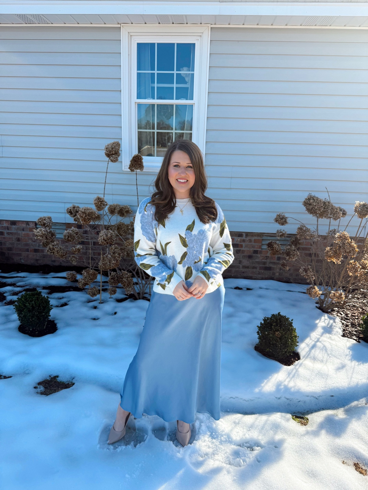 Completely obsessed with my winter Sunday best outfit!❄️🤍✨

Shop my blue and white hydrangea sweater and blue satin midi skirt from belk on sale!! 

The perfect grandmillenial outfit! 




#LTKStyleTip #LTKFindsUnder100 #LTKSaleAlert