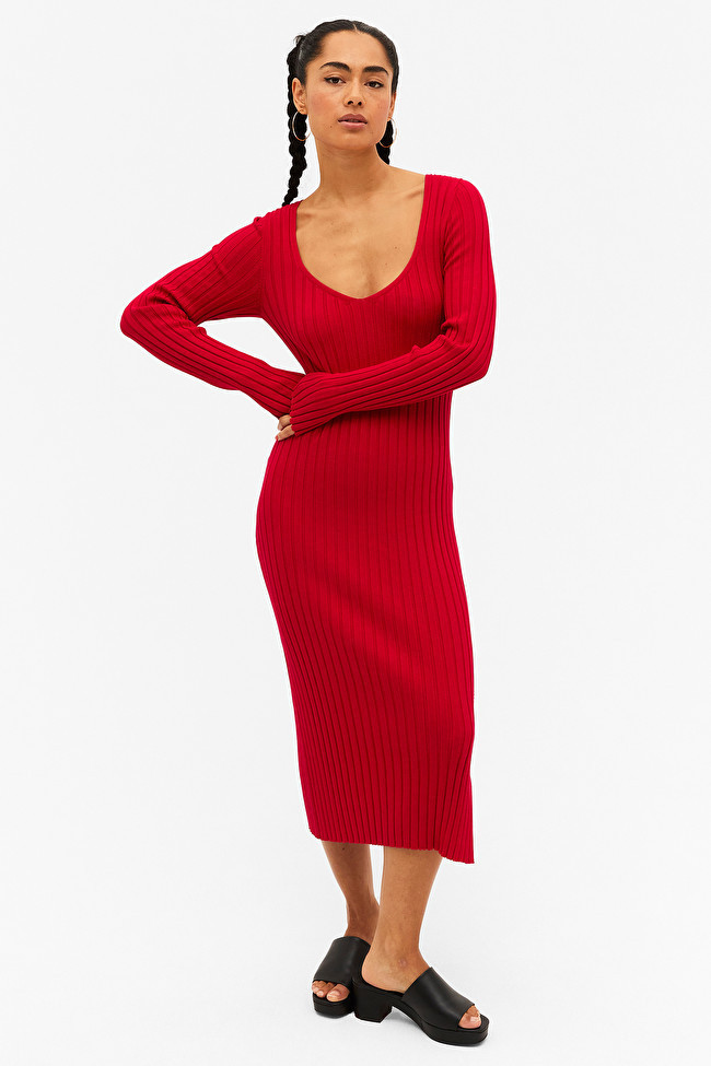 Red long sleeve knit midi dress | Monki