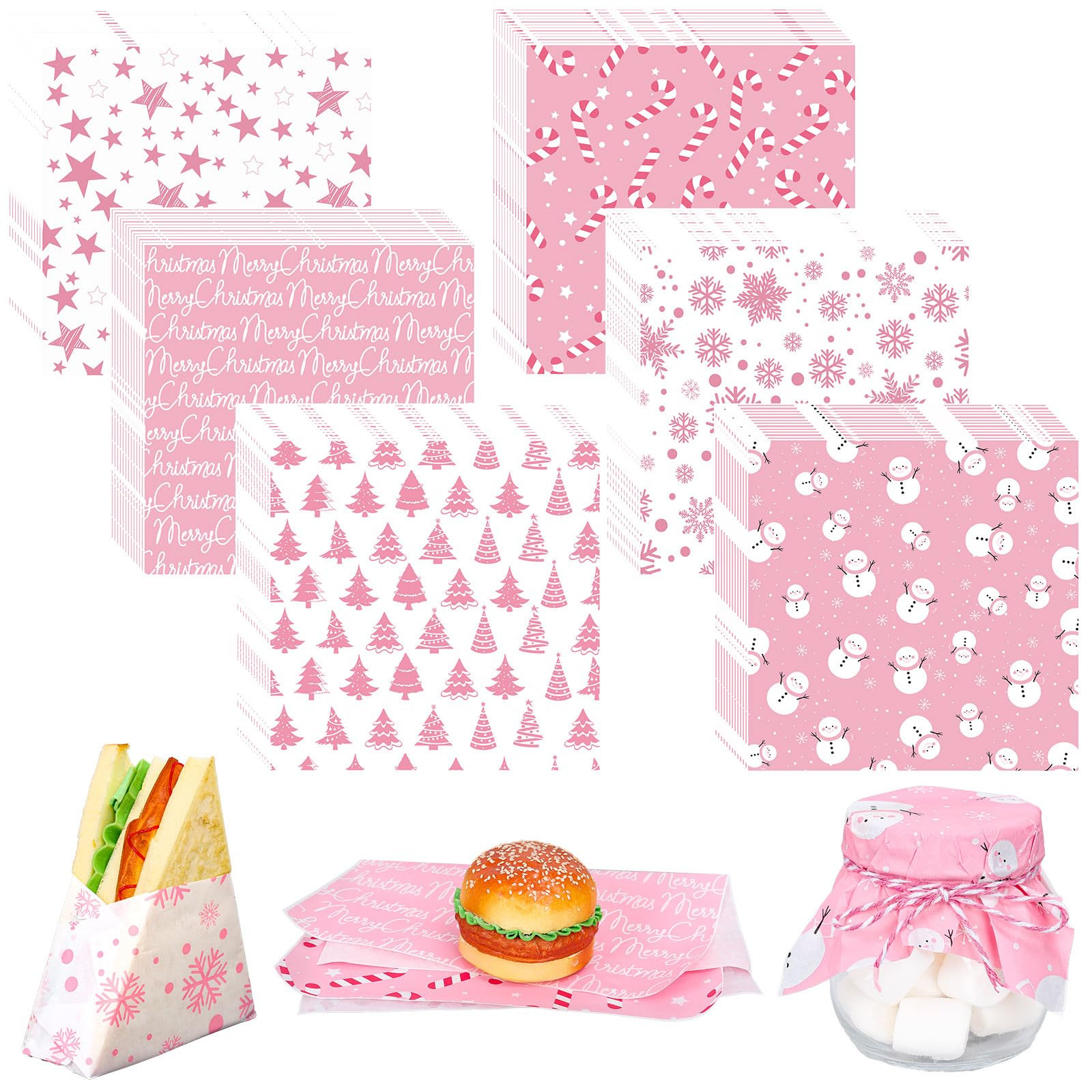 240 Sheet Christmas Wax Paper 6 Styles Pink Xmas Tree Snowflake Snowman Food Tissue Wrapping Pape... | Amazon (US)