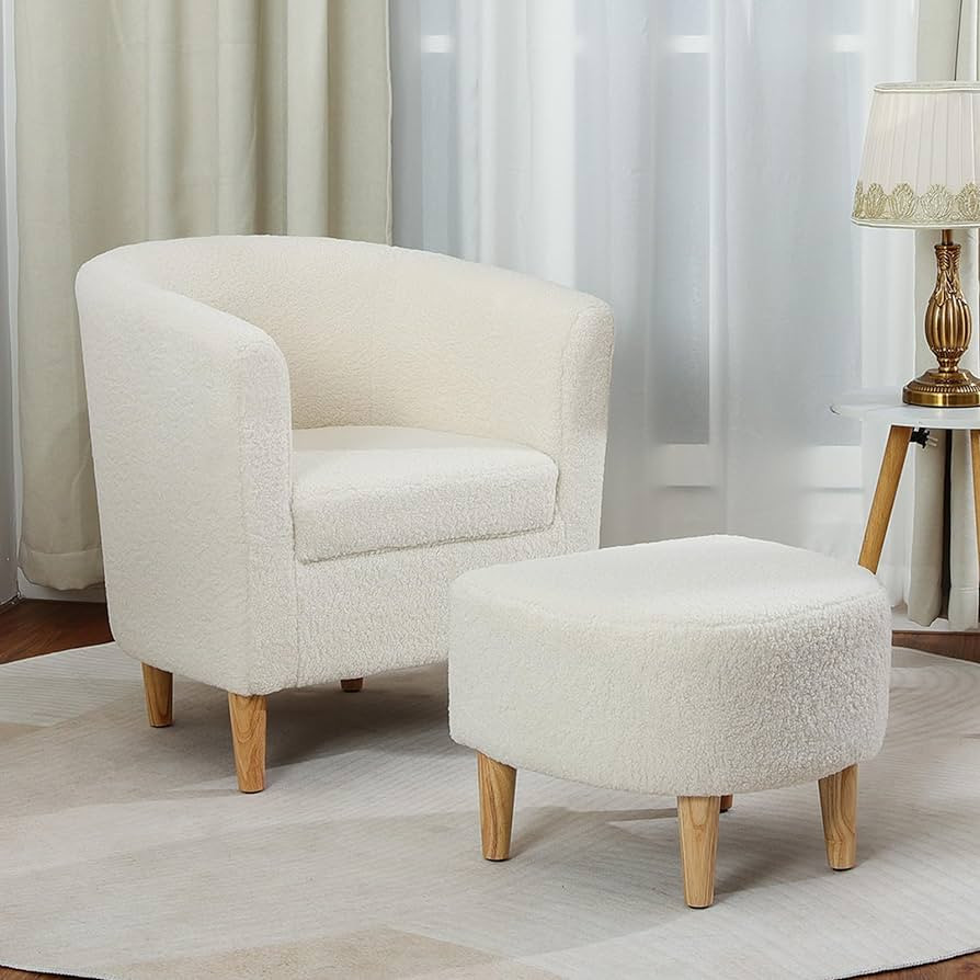 Sherpa Chair, Accent White Fluffy Chair Teddy Barrel Chair with Ottoman Comfy ArmChair Footrest S... | Amazon (US)