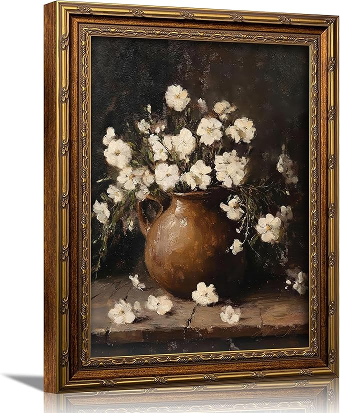 3D Textured Canvas Wall Art Vintage Carved Gold Frame Vintage Rustic Farmhouse Floral White Flora... | Amazon (US)