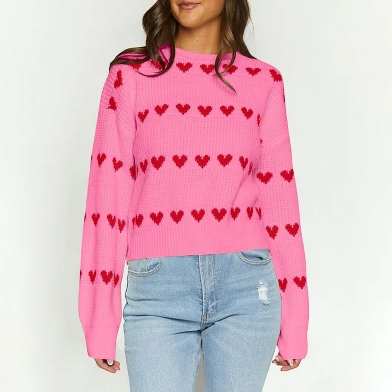 Byworldtasic No Boundaries Valentine Sweater for Women Crewneck Long Sleeve Heart Pullover Knitwe... | Walmart (US)