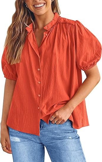 PRETTYGARDEN Women's 2025 Summer Tops Button Down Shirts Short Lantern Sleeve V Neck Cotton Cute ... | Amazon (US)
