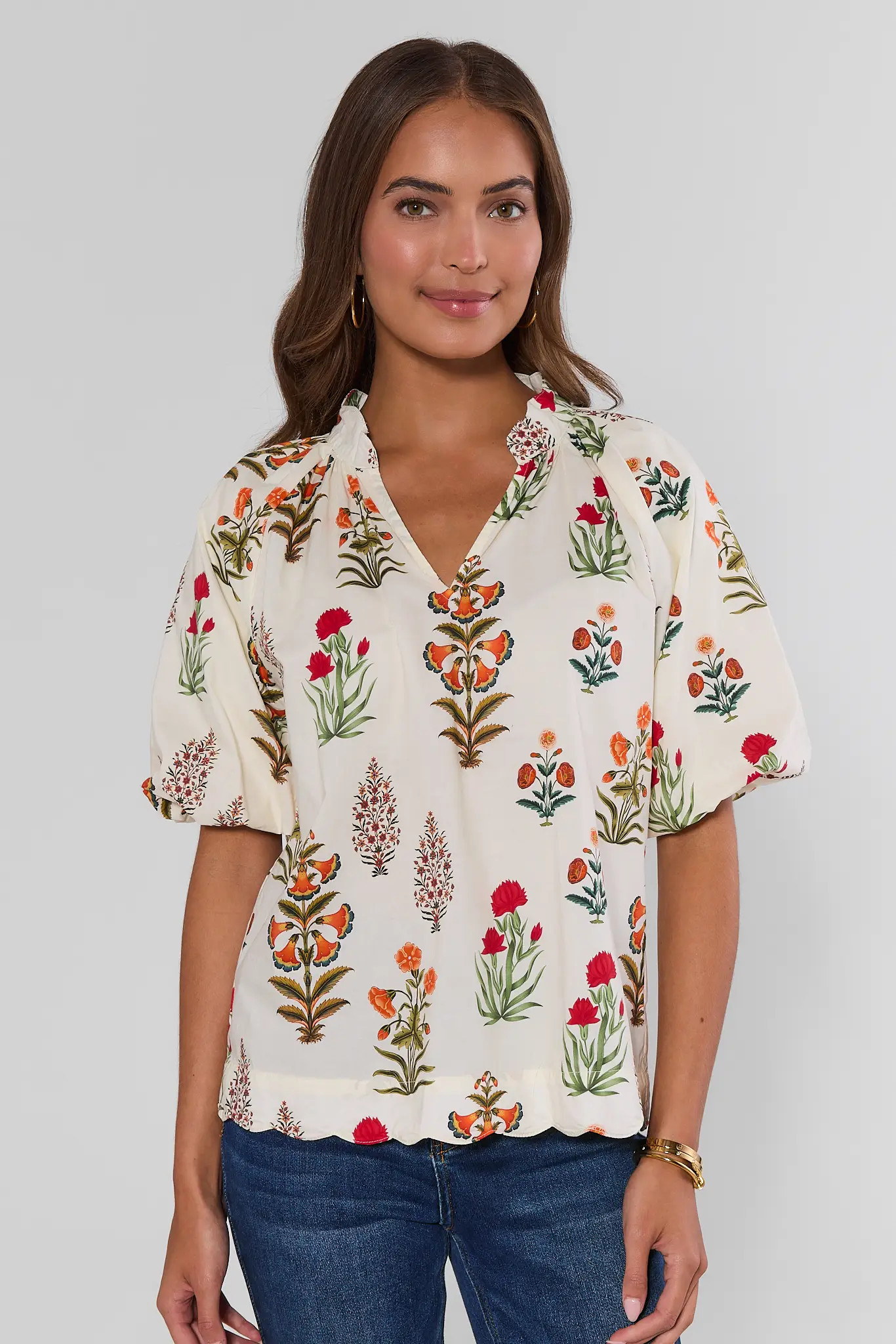 Ivory Floral Print Scalloped Hem Top | Avara