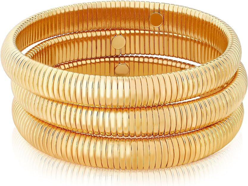 Chunky Gold Bangle Bracelet Set Stack for Women Men Stretchy Snake Link Chain Flexible Wide Wrist... | Amazon (US)