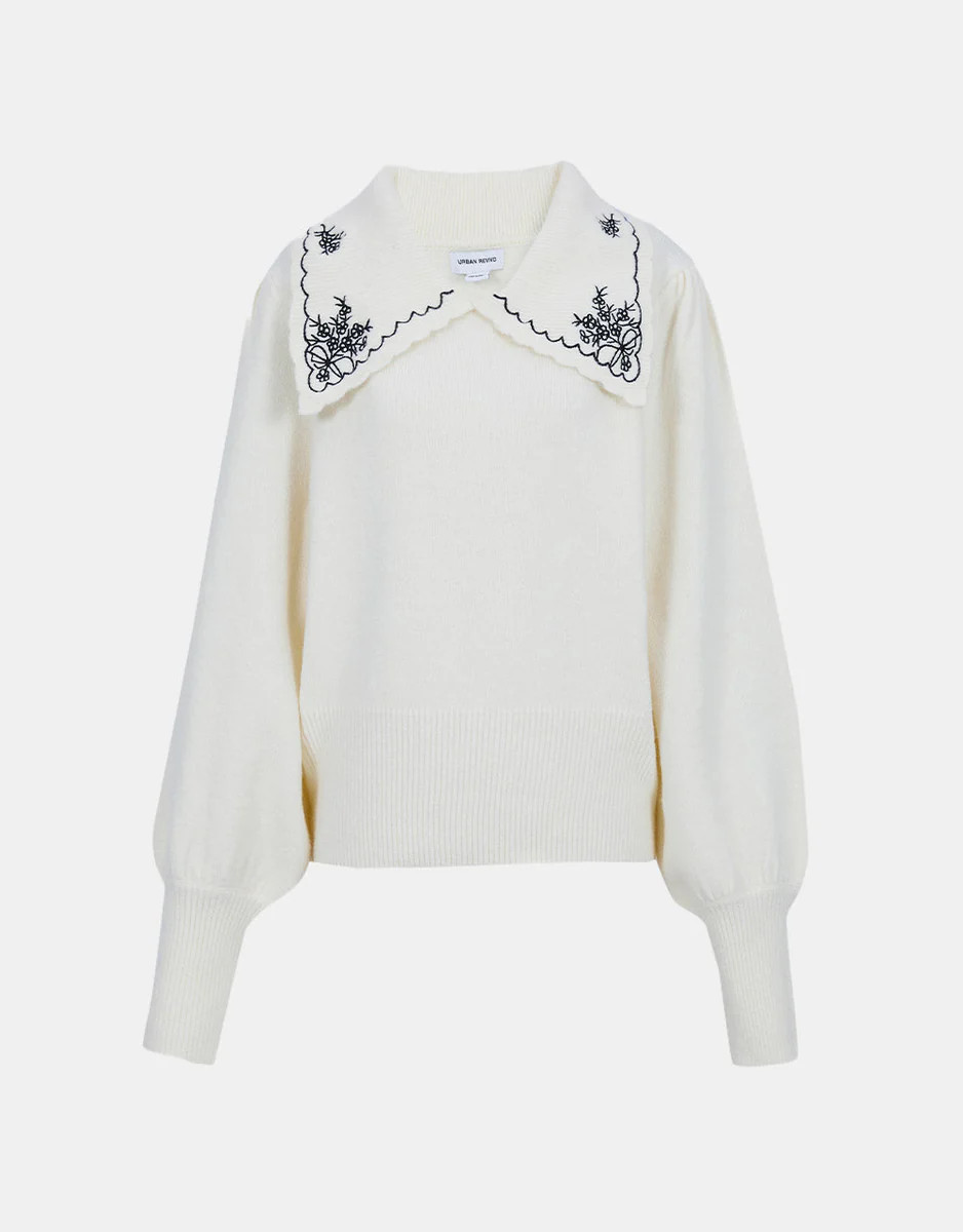 Flora Embroidery Lantern Sleeve Sweater | Urban Revivo