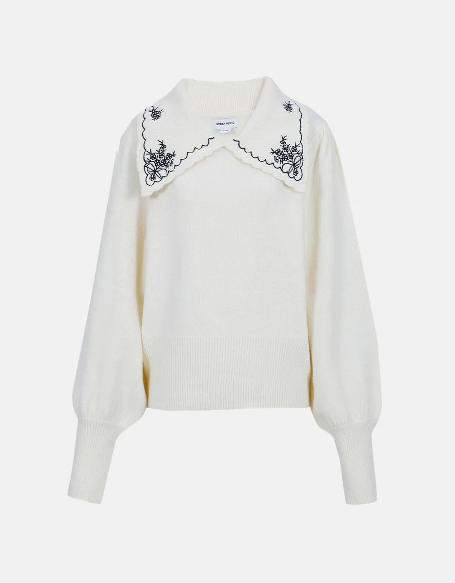 Flora Embroidery Lantern Sleeve Sweater | Urban Revivo