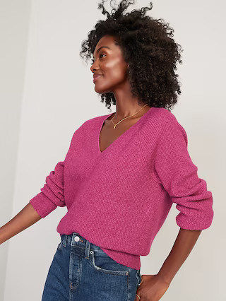 V-Neck Mélange Shaker-Stitch Cocoon Sweater for Women | Old Navy (US)