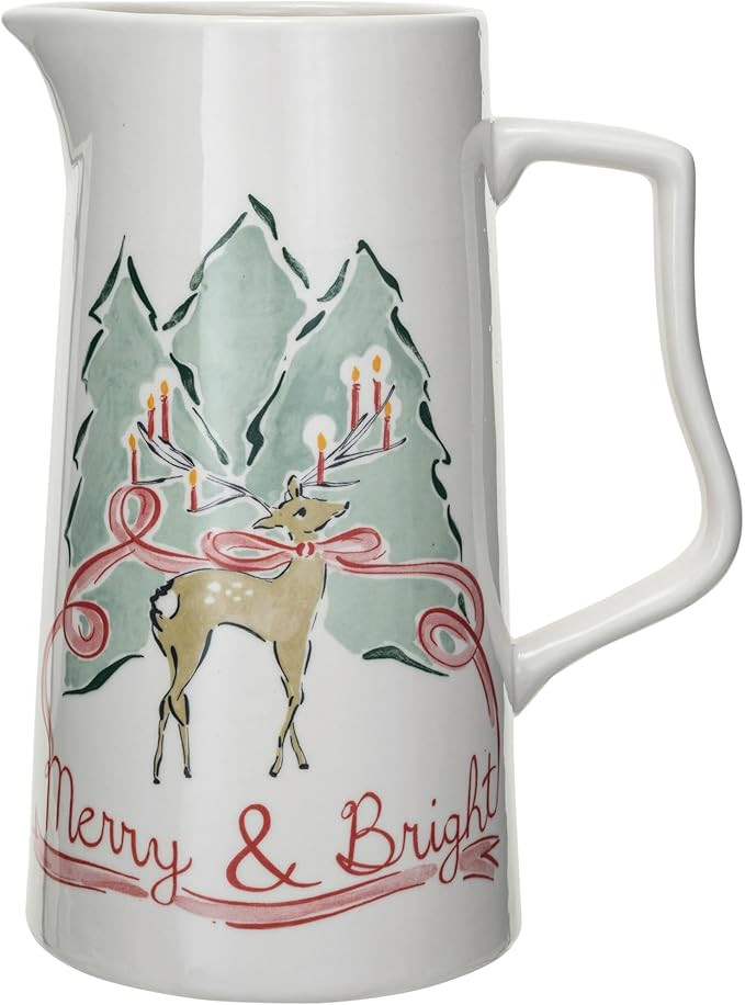 Creative Co-Op 2 Quart Stoneware Pitcher with Reindeer "Merry and Bright", Multicolor | Amazon (US)