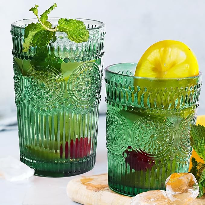 12pcs Vintage Drinking Glasses Set, 12 oz Highball Glasses & 9 oz Embossed Ribbed Glassware Cups ... | Amazon (US)