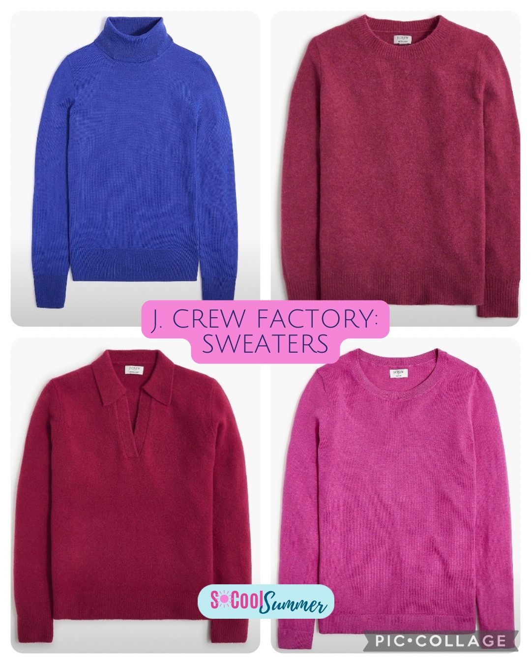 Sweaters at J crew Factory for summers.  Burgundy is best for cool and soft summers, pink best for light and cool, and blue best for light and cool

#hocsummer
 #coolsummer #lightsummer #truesummer #softsummer #pastelsummer #darksummer #brownsummer #sweetpeasummer #summerpalette #summerfinds


#LTKSaleAlert #LTKWorkwear #LTKFindsUnder50
