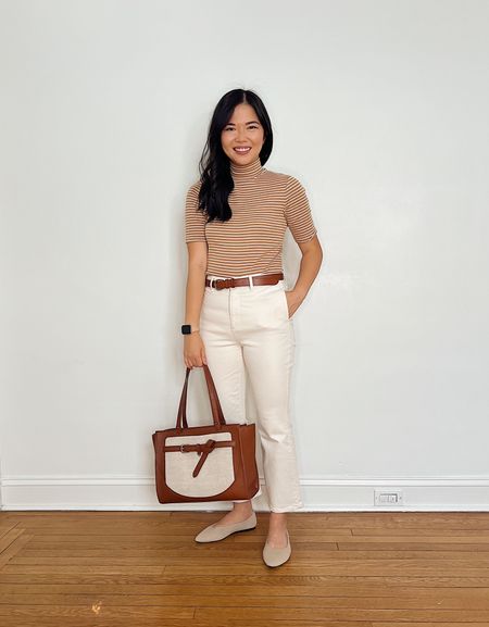 Business casual outfit, fall casual outfit, LOFT, transitional outfit, teacher outfit idea, work outfit: tan and white striped top (XS), mock neck top, brown canvas tote bag, off white high waisted jeans, Rothy’s dupe, beige flats (TTS).

#LTKstyletip #LTKworkwear #LTKunder50