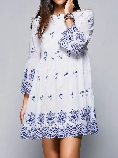 Round Neck Flare Sleeve Retro Embroidery High Waisted Dress | ZAFUL (Global)