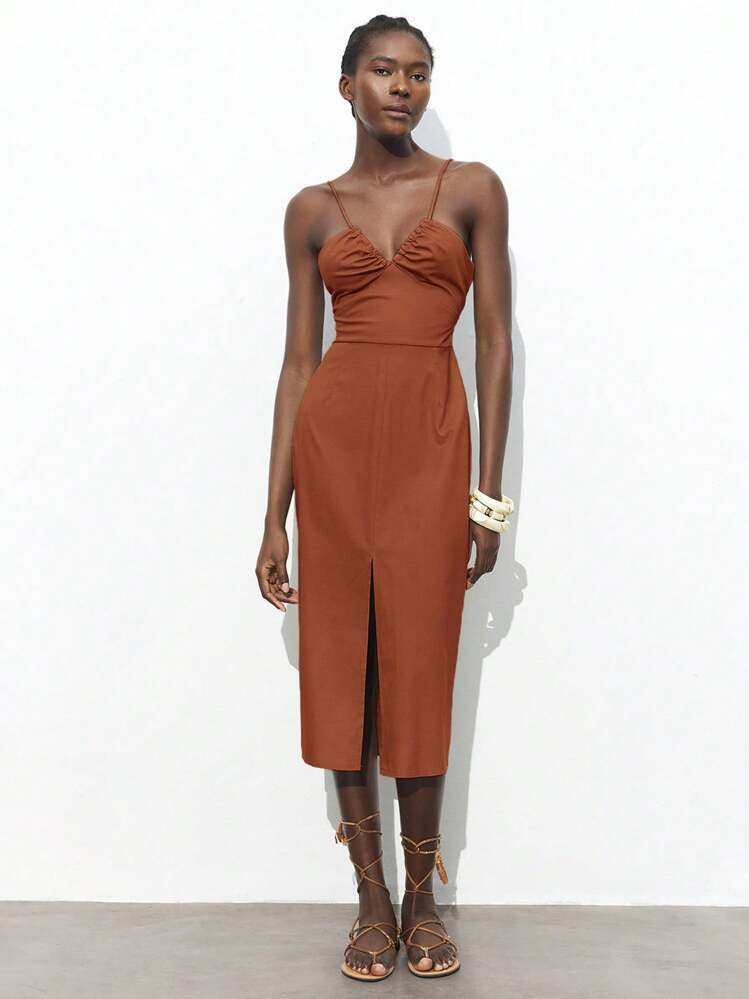 Maija 2025 Autumn New Brown Lace-Up Bow Front Slit Design Dress, Elegant Urban Romantic Modest Rustic Y2K Country Music Festival Vintage Korean Airport Travel Street Wedding Guest Birthday Halloween Business Casual Office Date Party Outing Back To School Fall Dress For Women | SHEIN