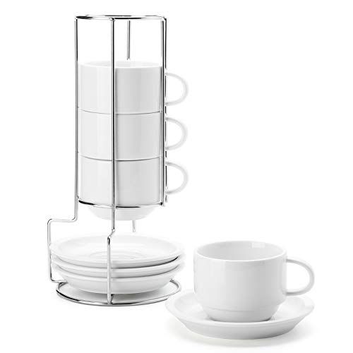 Sweese 406.401 Porcelain Stackable Cappuccino Cups with Saucers and Metal Stand - 8 Ounce for Spe... | Amazon (US)