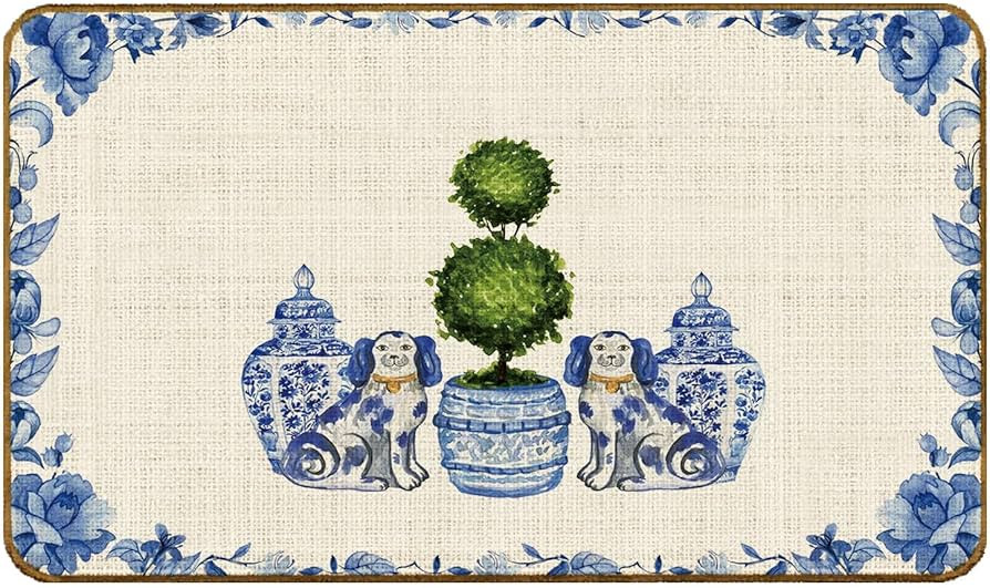 Chinoiserie Staffordshire Dog Christmas Topiary Doormat, Grandmillennial Floral Christmas Tree Do... | Amazon (US)