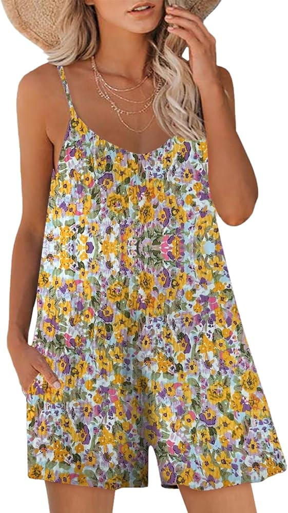 Womens Summer Casual Sleeveless Romper Loose Adjustable Spaghetti Strap Shorts Jumpsuits with Poc... | Amazon (US)