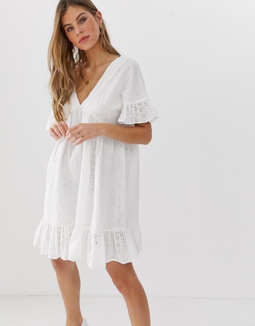ASOS DESIGN v front v back smock mini dress with pep hem in broderie | ASOS US