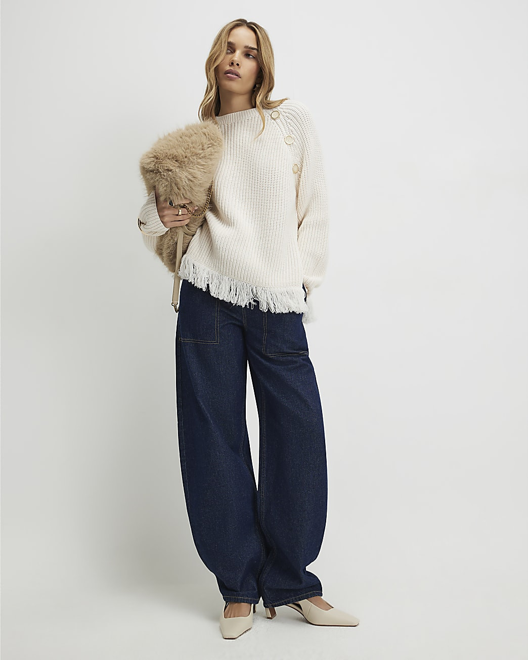 Cream Fringe Hem Rib Jumper | River Island UK & IE