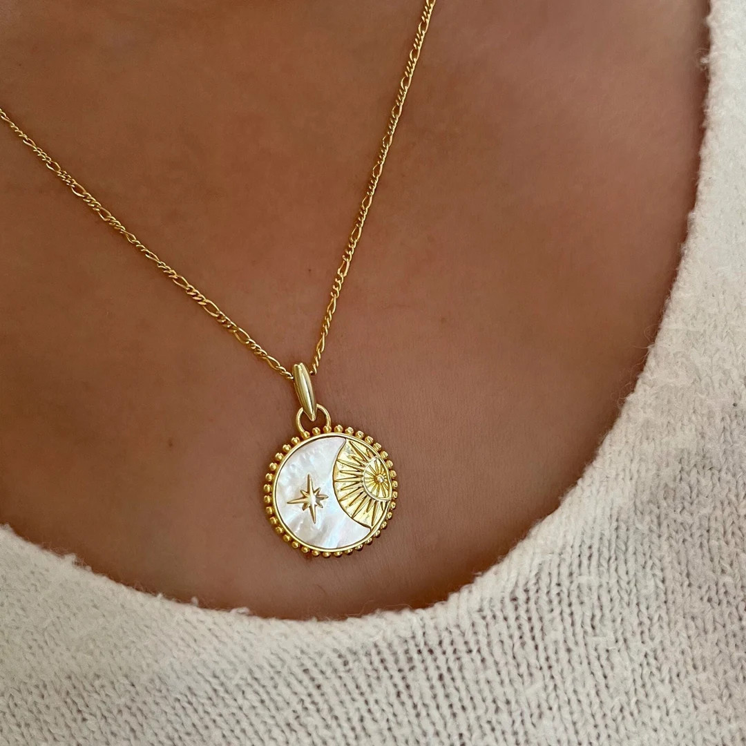 Celestial Necklace, Sun Star Moon Necklace, 18ct Gold Plated 925 Sterling Silver, Mother of Pearl... | Etsy (US)