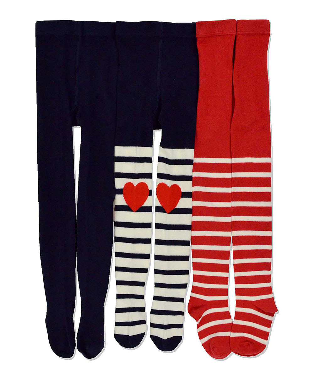 TeeHee Kids Girls' Tights - Black Stripe Heart Three-Pair Tights Set - Kids | Zulily