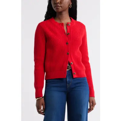 caslon(r) Shaker Stitch Pointelle Pima Cotton & Merino Wool Cardigan in Black at Nordstrom, Size X-Large | Nordstrom