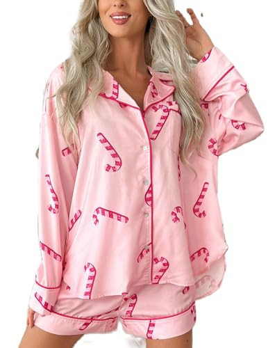 Christmas Pajamas Shorts Set for Women Santa Claus Pjs Long Sleeve Button Down Shirt+Pants 2 Piece Xmas Jammies Loungewear(Candy Cane Shorts Set,XL | Amazon (US)