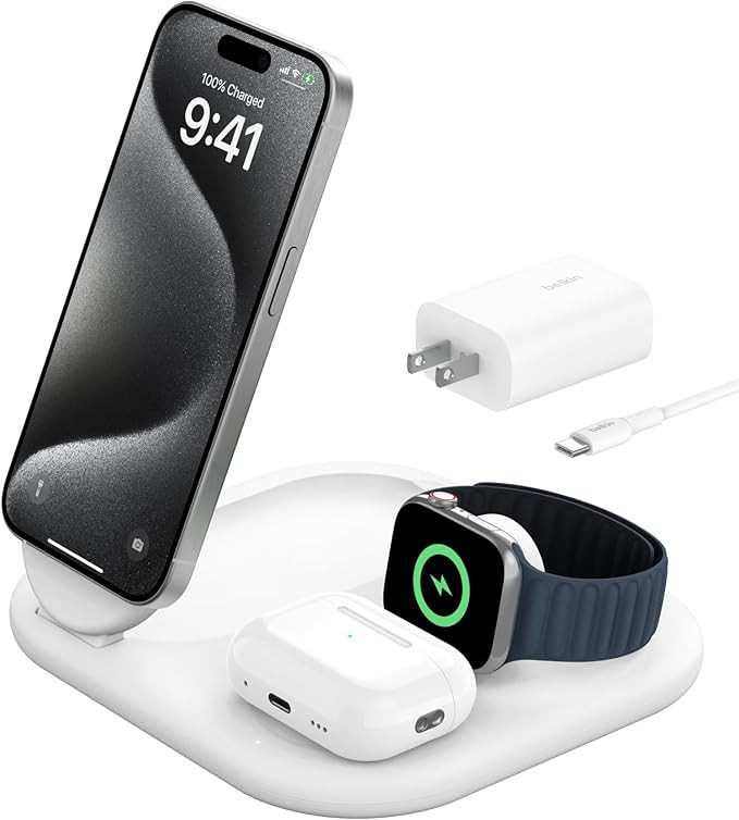 Belkin MagSafe-Compatible iPhone Charger - 3-in-1 Magnetic Foldable Charger 15W - Qi2-Certified W... | Amazon (US)