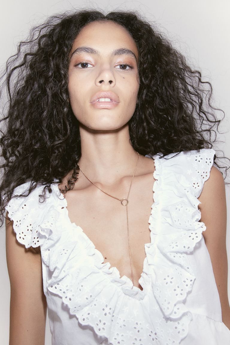 Top with Ruffle-trimmed Eyelet Embroidery - White - Ladies | H&M US | H&M (US + CA)