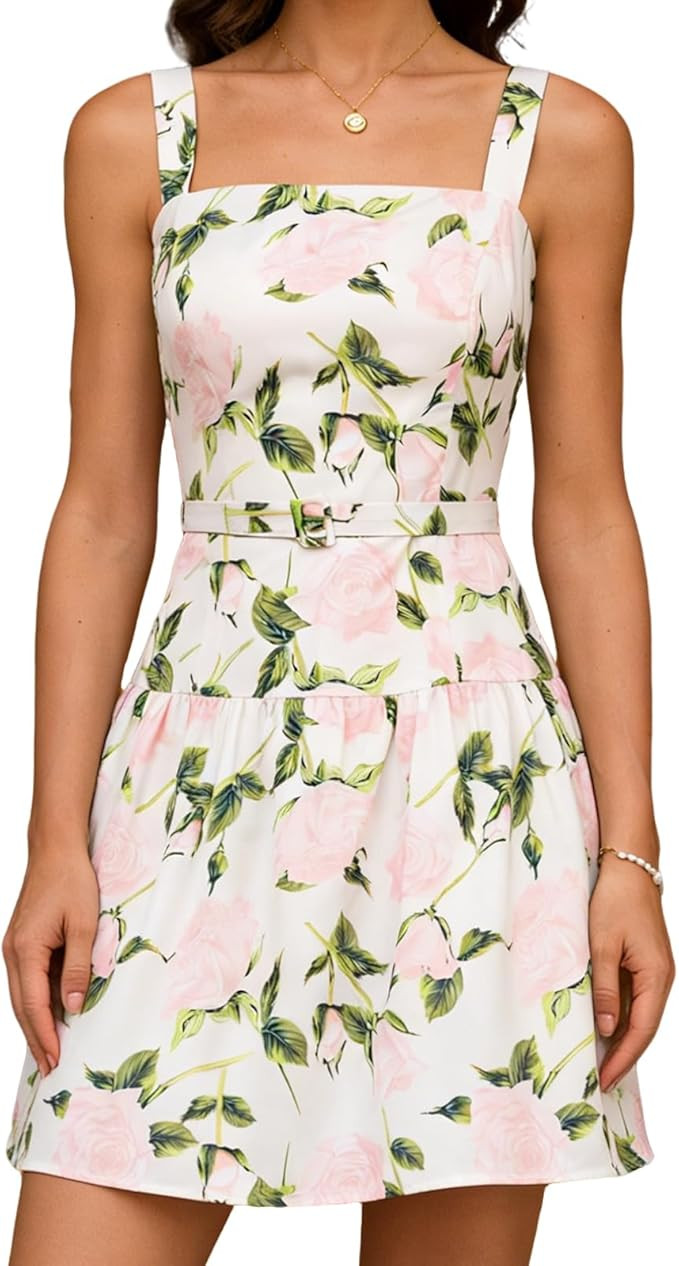 RIHOAS Womens Floral Printed Summer Dress Square Neck Sleeveless A-Line Mini Sundress | Amazon (US)