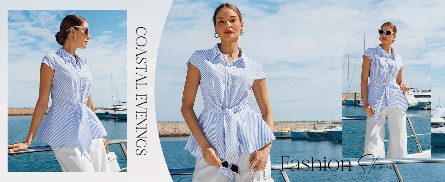 GRACE KARIN Striped Button Down Shirts Women,Short Sleeve Peplum Tops Business Casual,Tie Front W... | Amazon (US)