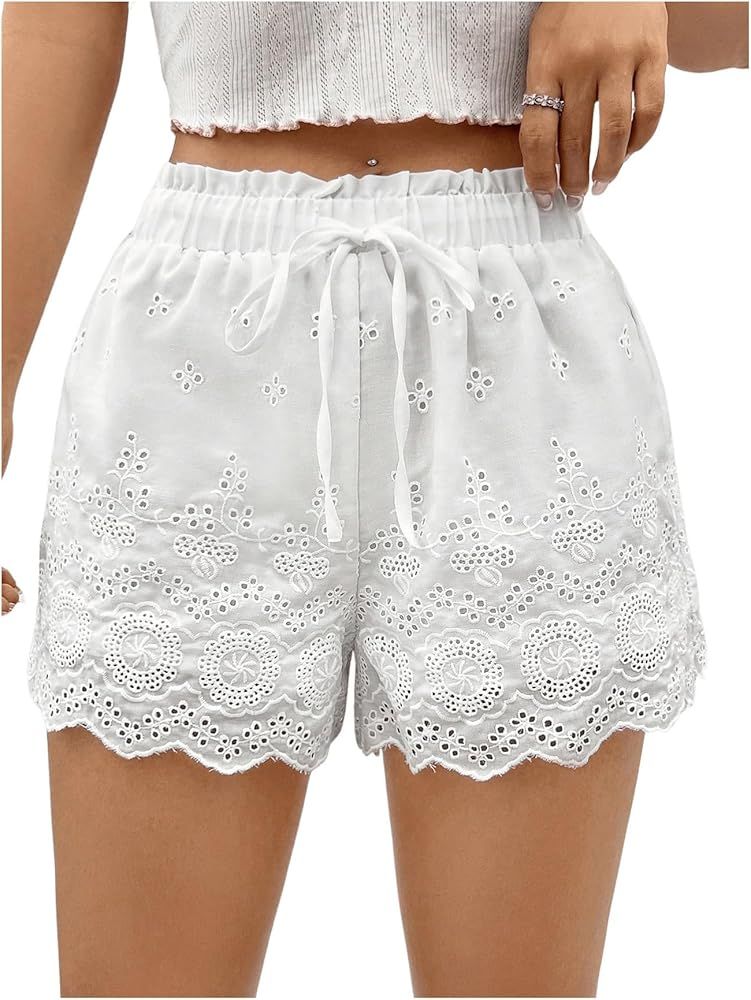 Milumia Women's Eyelet Embroidery Drawstring Waist Shorts Scallop Hem Wide Leg Shorts | Amazon (US)