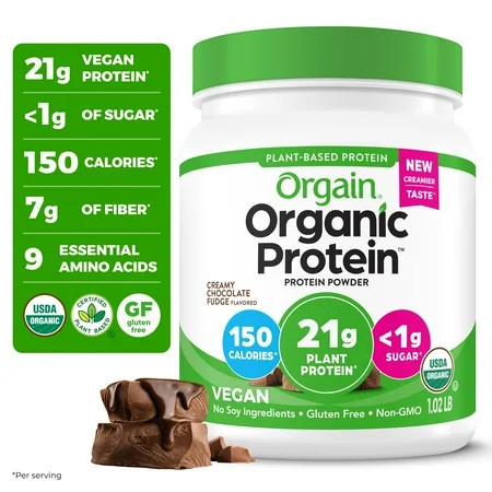 Orgain Organic Vegan 21g Protein Powder, Plant Based Shake Drink, Creamy Chocolate Fudge 1.02lb | Walmart (US)