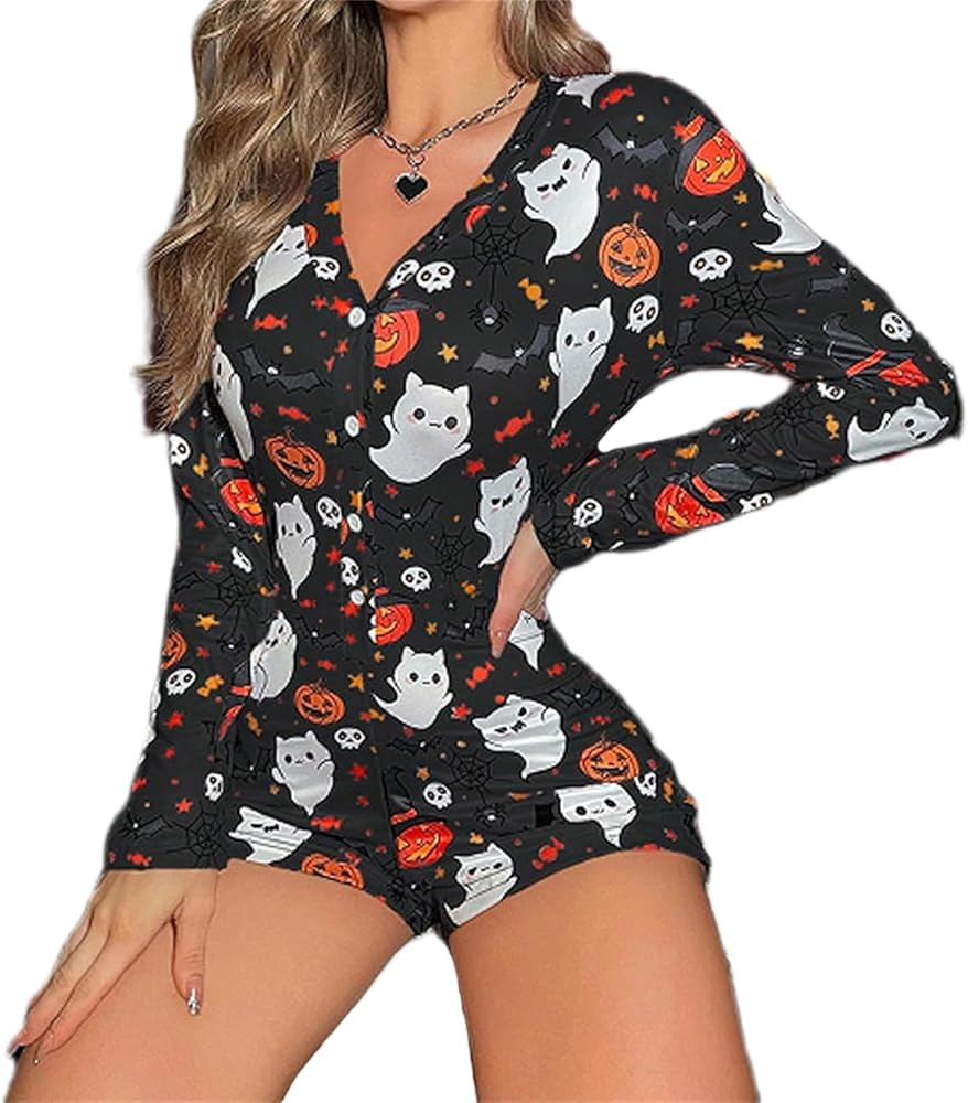 Miqil Women's Halloween Sexy Bodycon Printed Short Jumpsuit Low Cut Deep V Neck Long Sleeve Onesi... | Amazon (US)