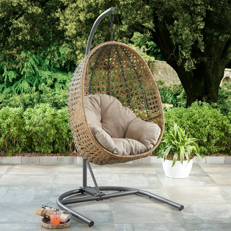 Better Homes & Gardens Outdoor Lantis Patio Hanging Egg Chair with Stand - Tan Wicker, Beige Cush... | Walmart (US)