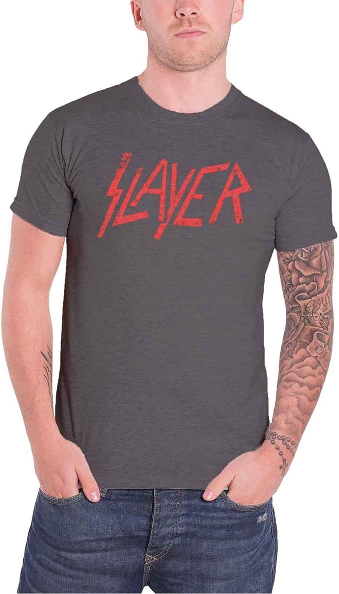 Slayer T Shirt Distressed Classic Red Band Logo Official Mens Charcoal Grey | Amazon (US)