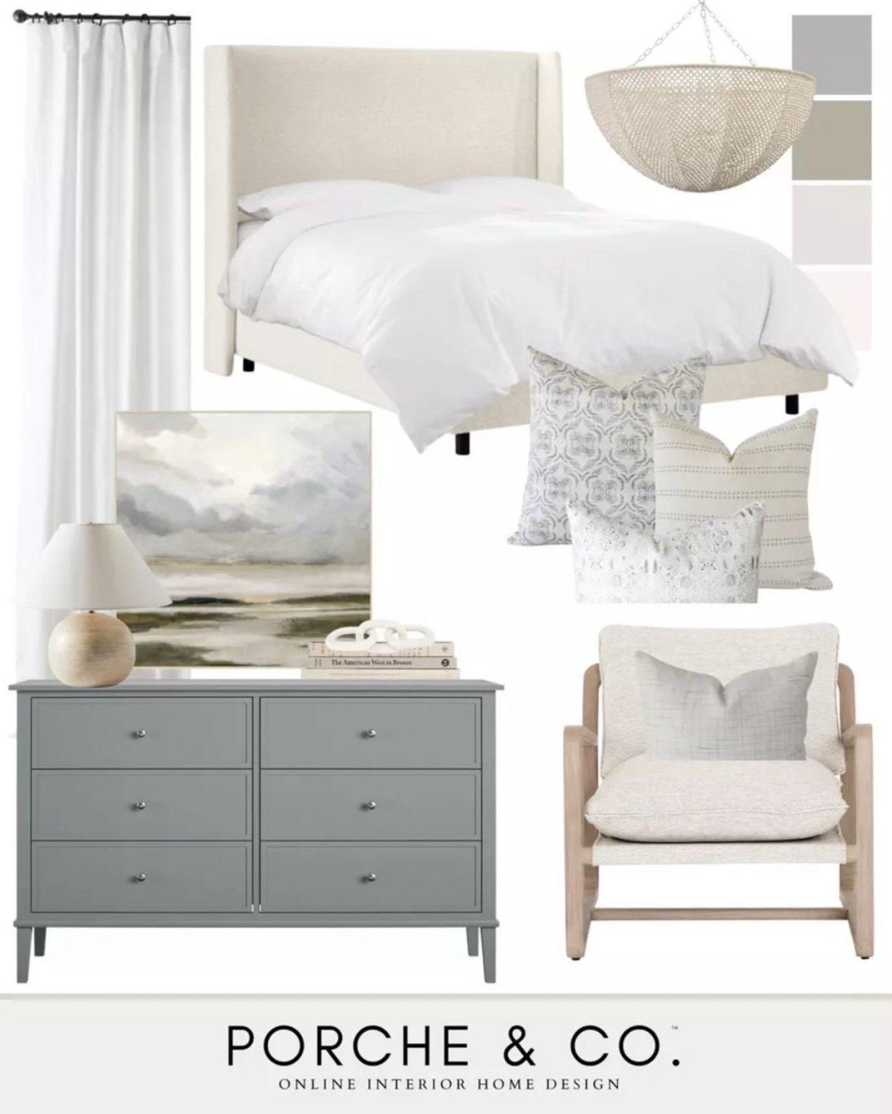 Soft, serene, and effortlessly layered 🤍 This Curated Collection brings together a cozy upholstered bed, crisp white duvet, sculptural beaded chandelier, textured accent pillows, and a smoky blue six-drawer dresser. A natural ceramic lamp, wood-framed lounge chair, and calming coastal wall art complete this dreamy neutral bedroom retreat ✨

Tap to bring this timeless look into your space!
#porcheandco #visionboard #moodboard


#LTKOver40 #LTKHome #LTKStyleTip