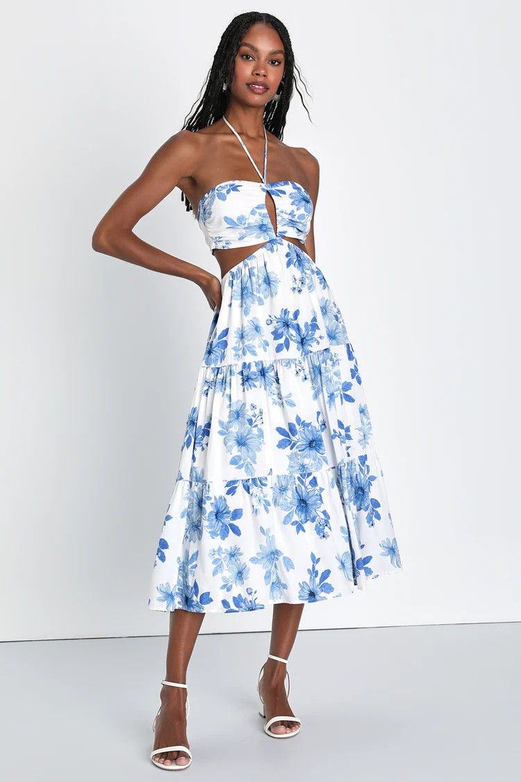 Summery Successes White Floral Halter Tie-Back Midi Dress | Lulus (US)