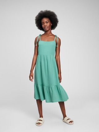 Crinkle Gauze Tie-Shoulder Tiered Midi Dress | Gap (US)