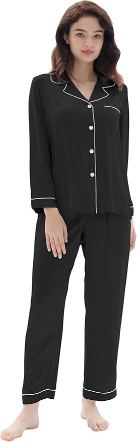 Joyaria Womens Matte Satin Pajamas Set Long Sleeve Button Down Pjs Ultra Sof Silk Sleepwear Cool | Amazon (US)