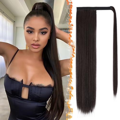 BARSDAR Dark Brown Straight Ponytail Extensions - 26 Inch Long Straight Wrap Around Ponytails for Women, Clip in Ponytail Hair Extensions Synthetic Pony Tails Hairpieces - Dark Brown Mixed | Amazon (US)