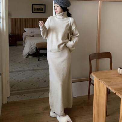 2pcs Women High Neck Long Sleeve Solid Color Pullover Sweater And Mini Skirt Casual Set | SHEIN
