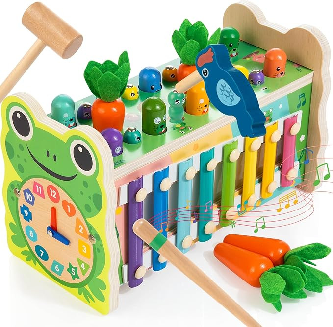 6-IN-1 Wooden Montessori Toys for 1 Year Old, Mole-Tapping Game | Play the Xylophone | Frog Clock... | Amazon (US)