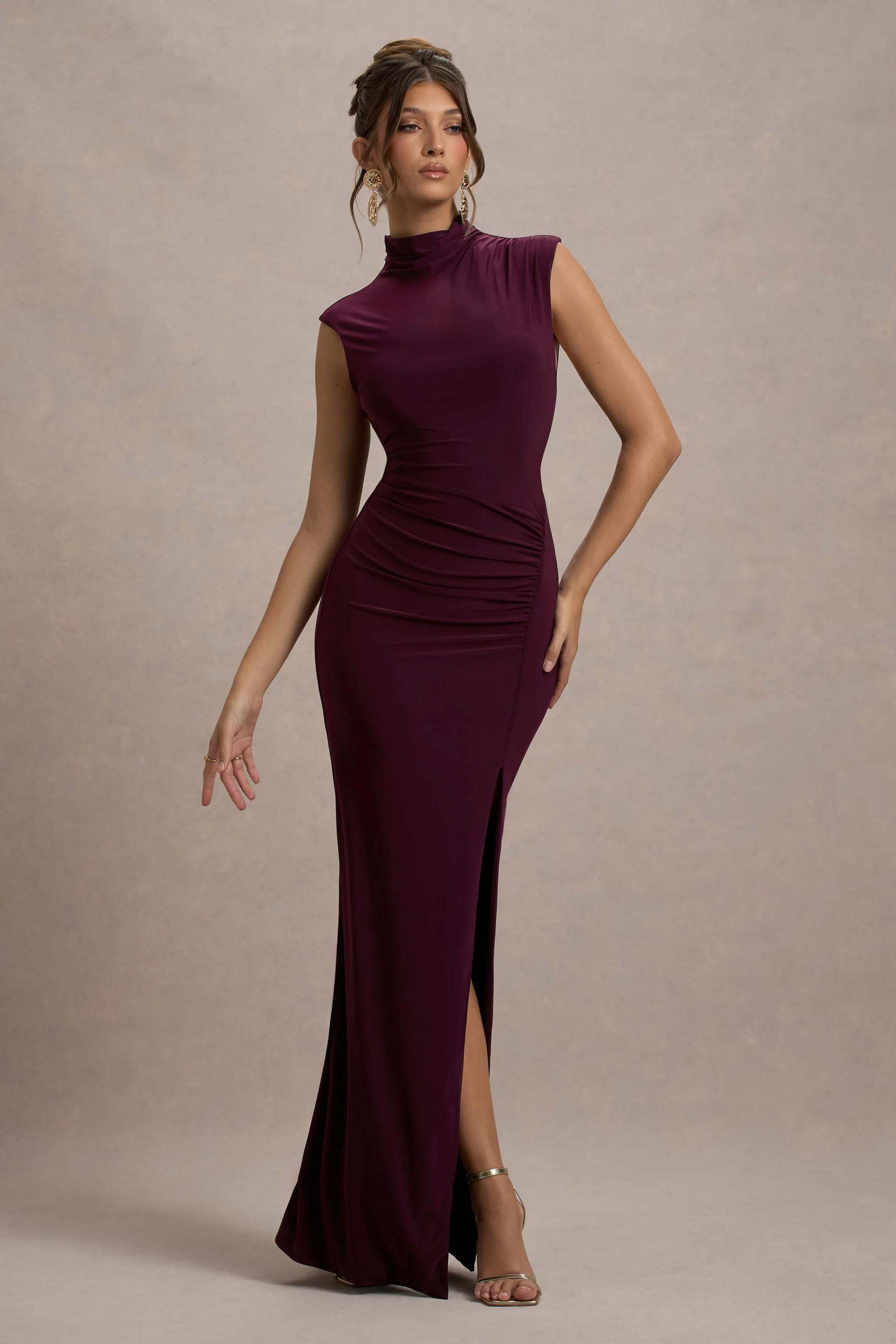 Lanetta | Plum Ruched High-Neck Maxi Dress With Split | Club L London