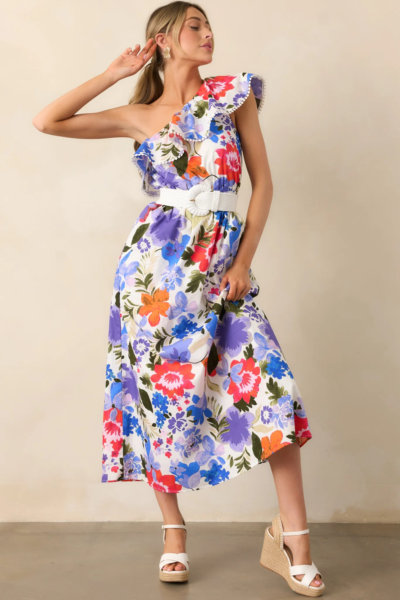 So Magnetic Blue Floral Cotton One Shoulder Maxi Dress | Red Dress