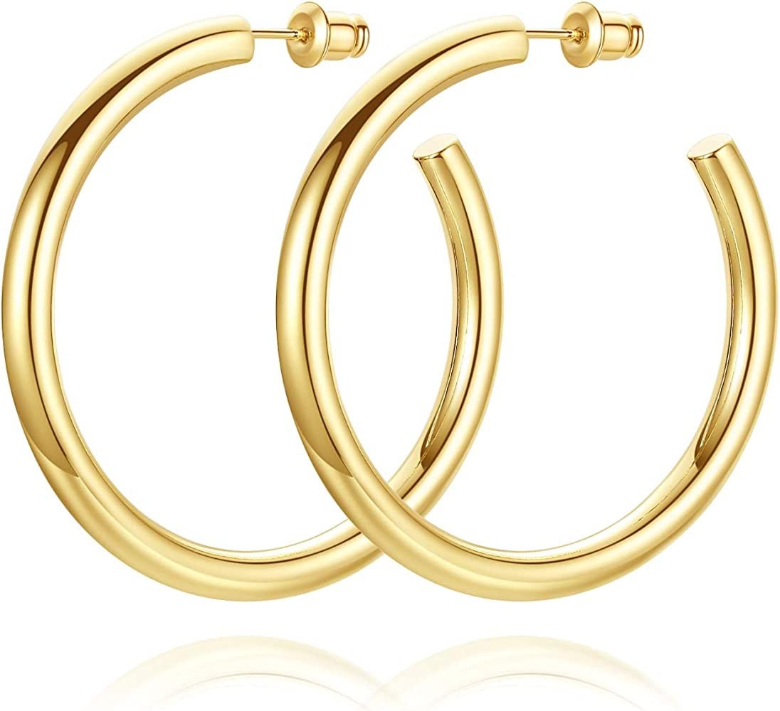Howoo 14K Gold Plated Chunky Gold Hoops High Polished Gold Hoop Earrings for Women | Amazon (US)