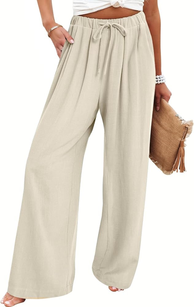 Bloggerlove Linen Palazzo Pants for Women Dressy Summer Wide Leg Flowy Pants Boho Linen Beach Tro... | Amazon (US)