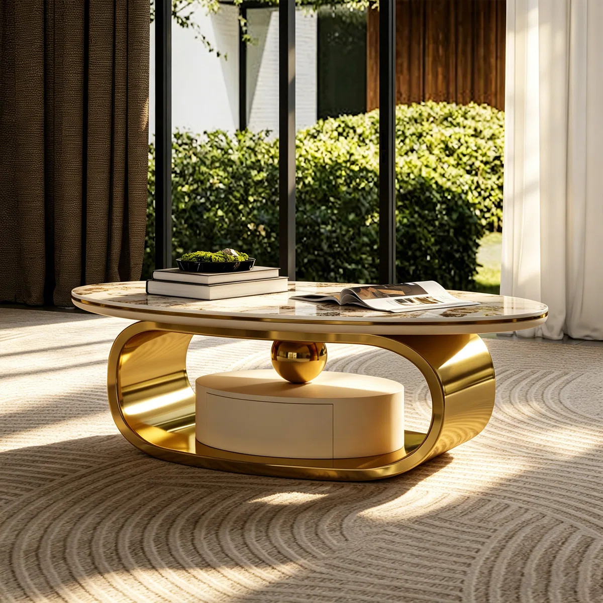 55'' Contemporary Oval Coffee Table with Sintered Stone Surface and Hidden Drawer | Wayfair North America