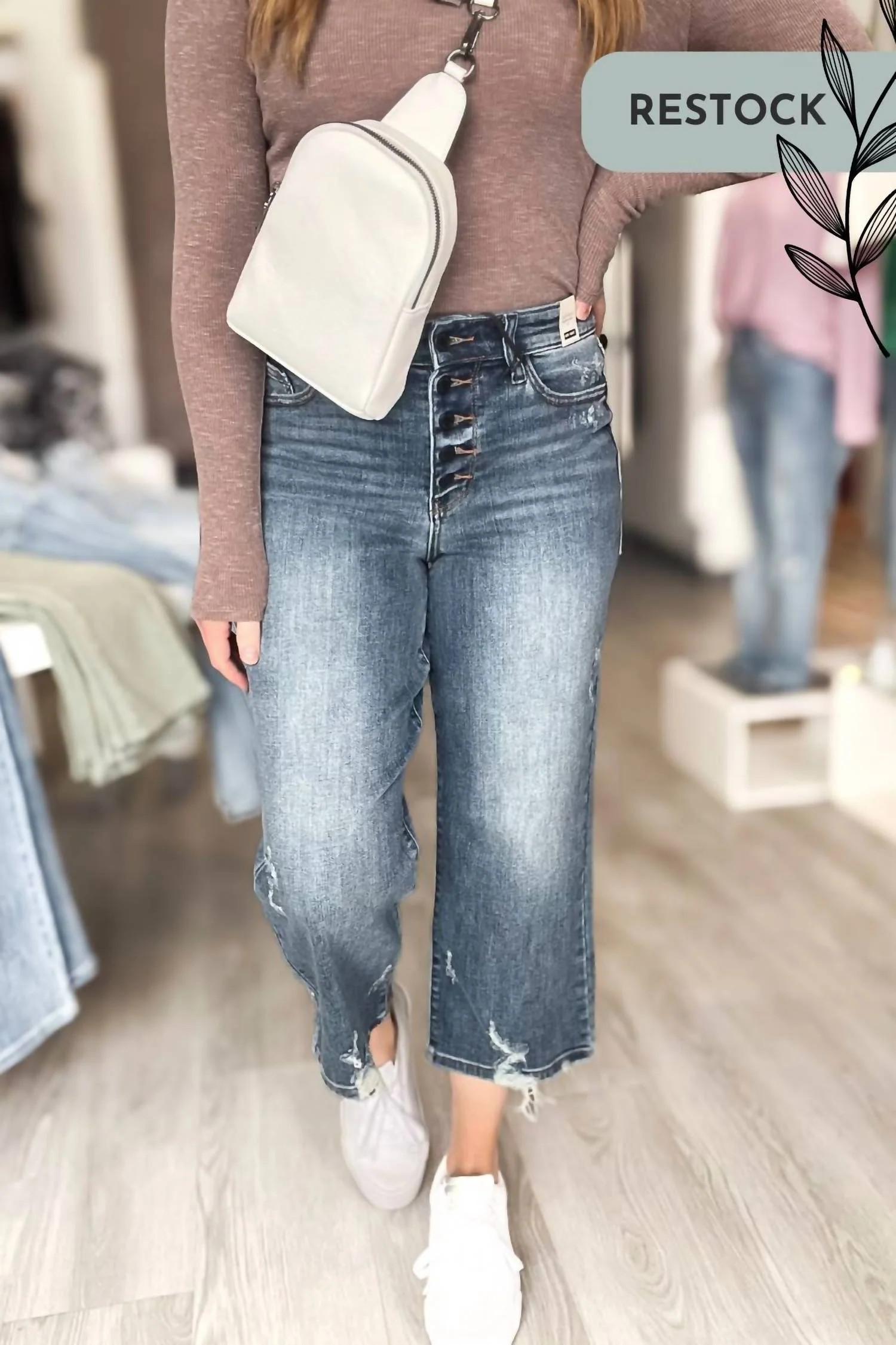 High Waist Button Fly Wide Leg Crop Denim In Medium Wash | Shop Simon