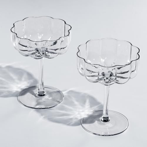 Khen Flower Vintage Wavy Glass Coupes Martini , Champagne & Cocktail Coupes - Set of 2 - 7oz Colorful Cocktail Glasses & Champagne , Prosecco , Mimosa Glassware Copyright Design - Crystal Clear | Amazon (US)